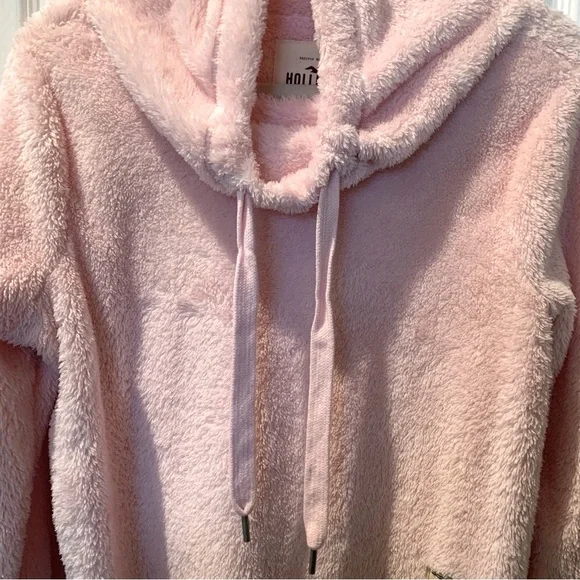 HOLLISTER Pink Fuzzy Cropped Drawstring Cowl Neck Pullover Longsleeve Jacket L - Picture 3 of 11